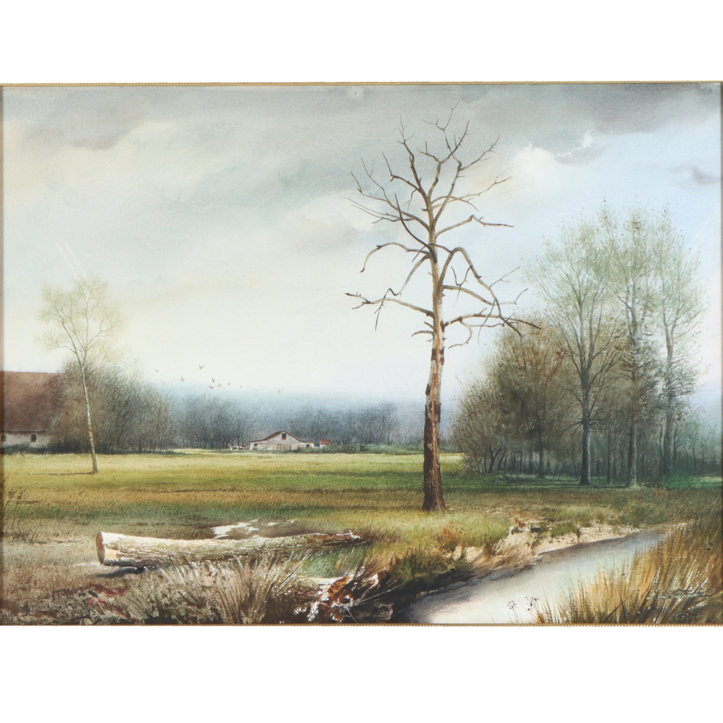 Emmitt Thames, Mississippi (b. 1933), landscape with creek and barn in the distance, watercolor on paper, 22"H x 29 1/2"W(sight), 35 3/4"H x 43 1/4"W(frame)