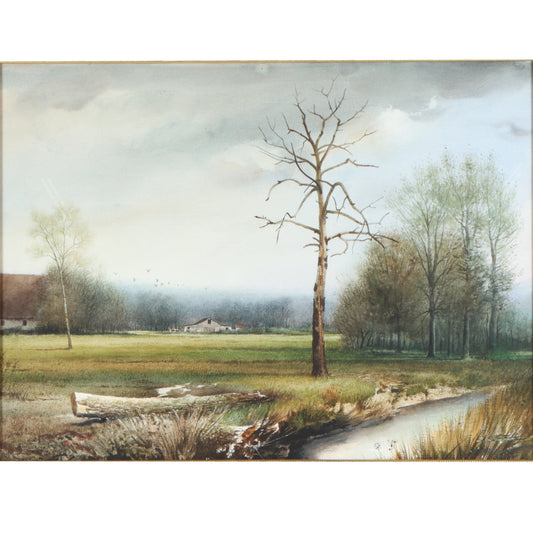 Emmitt Thames, Mississippi (b. 1933), landscape with creek and barn in the distance, watercolor on paper, 22"H x 29 1/2"W(sight), 35 3/4"H x 43 1/4"W(frame)