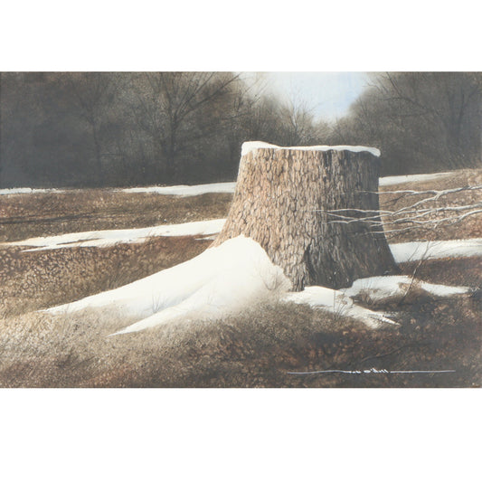 Rob O'Dell, Indiana (1938 - 2017), winter landscape with tree stump, watercolor on paper, 13 3/4"H x 21 1/4"W(sight), 20"H x 27 1/4"W(frame)