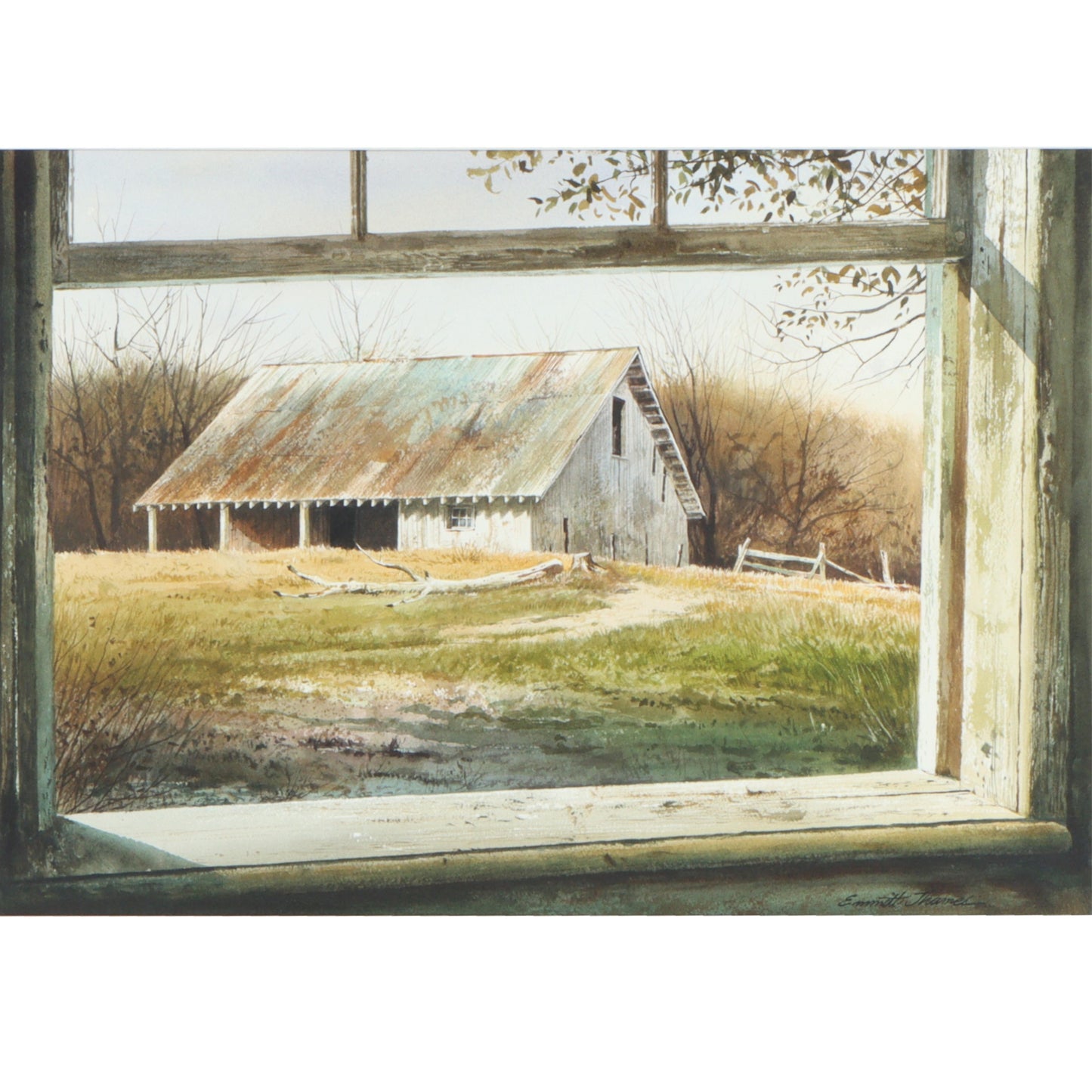 Emmitt Thames, Mississippi (b. 1933), A View of the Barn through open window, watercolor on paper, 13 3/4"H x 19 1/2"W(sight), 24"H x 30"W(frame)