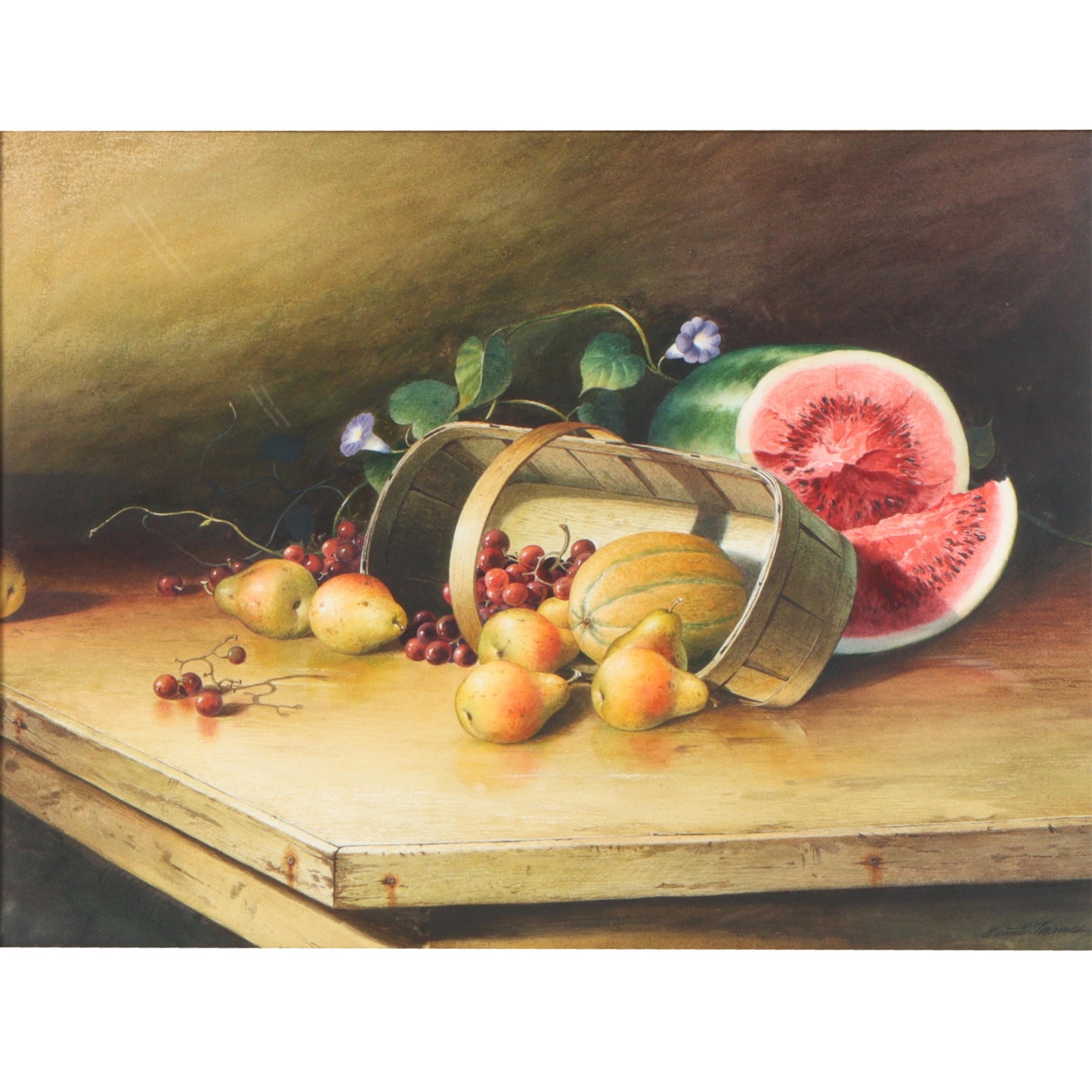 Emmitt Thames, Mississippi (b. 1933), Still Life With Melons & Pears, gouache on paper, 21 1/4"H x 28 3/4"W(sight), 33 1/4"H x 40 1/2"W(frame)