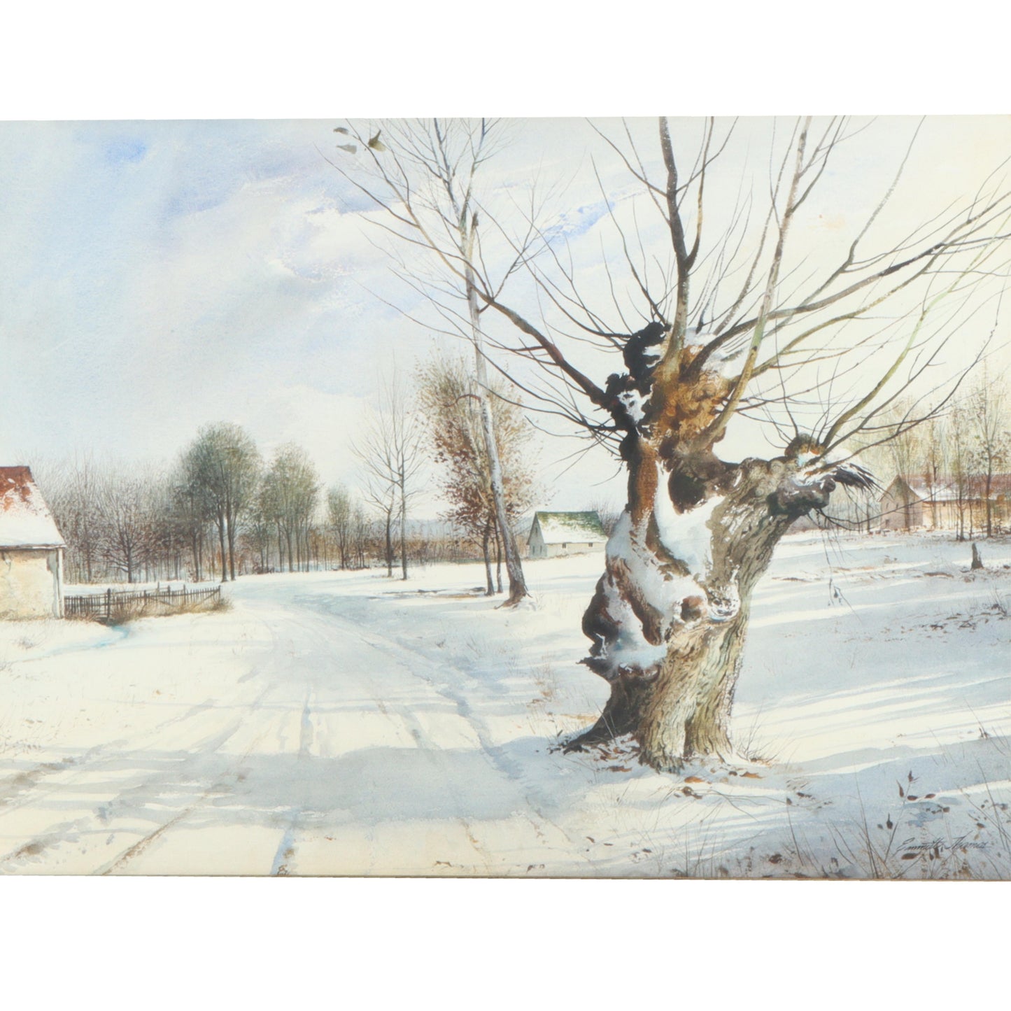 Emmitt Thames, Mississippi (b. 1933), rural snowy winter landscape, watercolor on paper, 21 1/2"H x 29 1/2"W(sight), 33 1/2"H x 41"W(frame)