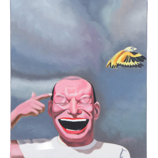 Yue Minjun (attributed), Chinese (b. 1962), Untitled, laughing man with bird, oil on canvas, 14"H x 12"W