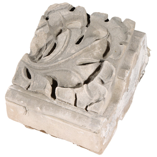 Scrolled leaf rosette foliate border block roundel end piece; 1920s Harlem, New York, Gothic Style Architectural Limestone Facade Carving 16 1/2"H x 15"W