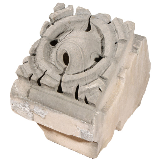 Scrolled leaf rosette foliate border block roundel end piece; 1920s Harlem, New York, Gothic Style Architectural Limestone Facade Carving 19"H x 15"W
