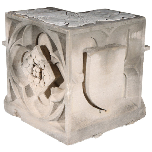 Rosette roundel quatrefoil and shield form corner block end piece; 1920s Harlem, New York, Gothic Style Architectural Limestone Facade Carving 27"H x 26"W x 26"D