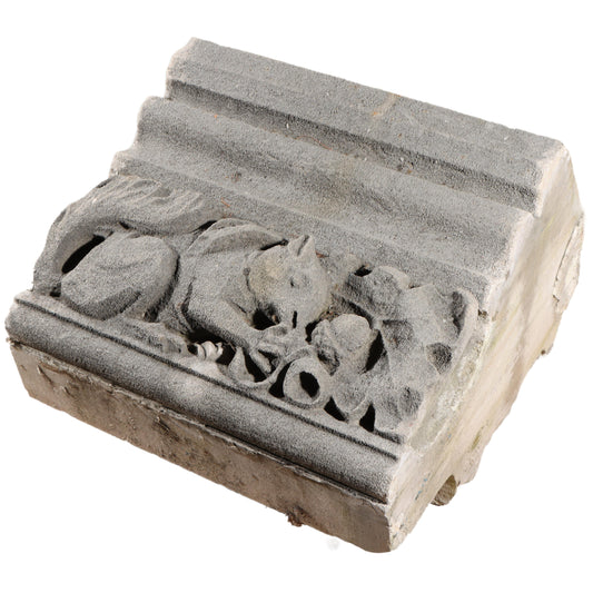 Squirrel with acorn gargoyle/grotesque beast relief border block; 1920s Harlem, New York, Gothic Style Architectural Limestone Facade Carving 20"H x 20"W