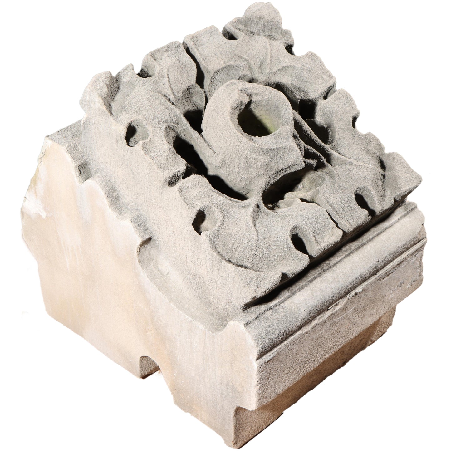 Scrolled leaf rosette foliate border block roundel end piece; 1920s Harlem, New York, Gothic Style Architectural Limestone Facade Carving 20"H x 15"W