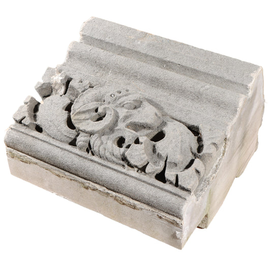 Ram's head leaf foliate gargoyle/grotesque relief border block; 1920s Harlem, New York, Gothic Style Architectural Limestone Facade Carving 20"H x 20"W