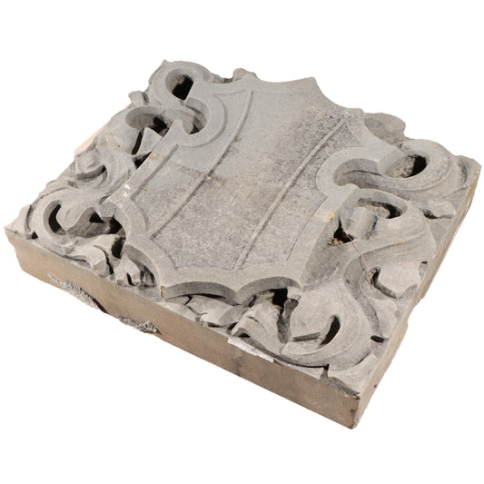 Shield form scrolled foliate relief border slab; 1920s Harlem, New York, Gothic Style Architectural Limestone Facade Carving 22 1/4"H x 27 1/2"W