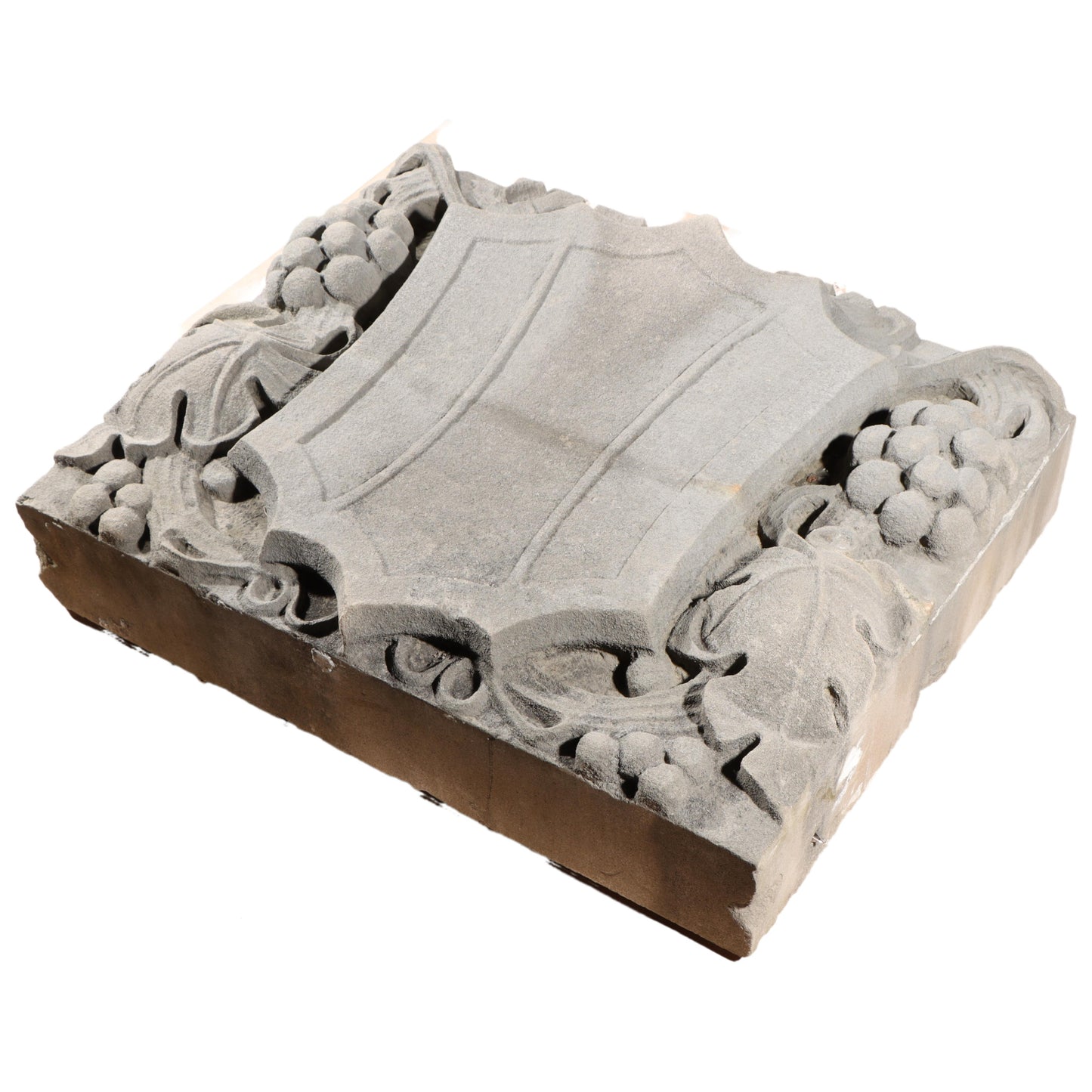 Shield form grape vine foliate relief border slab; 1920s Harlem, New York, Gothic Style Architectural Limestone Facade Carving 22 1/4"H x 28"W