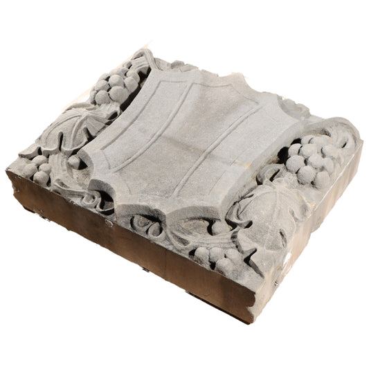 Shield form grape vine foliate relief border slab; 1920s Harlem, New York, Gothic Style Architectural Limestone Facade Carving 22 1/4"H x 28"W