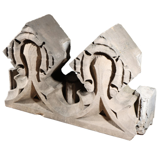 Gothic teardrop arch cornice fragment with scrolling foliate accents; 1920s Harlem, New York, Gothic Style Architectural Limestone Facade Carving 27 1/2"H x 42"W