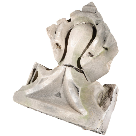 Gothic teardrop arch cornice fragment with scrolling foliate accents; 1920s Harlem, New York, Gothic Style Architectural Limestone Facade Carving 28"H x 21"W