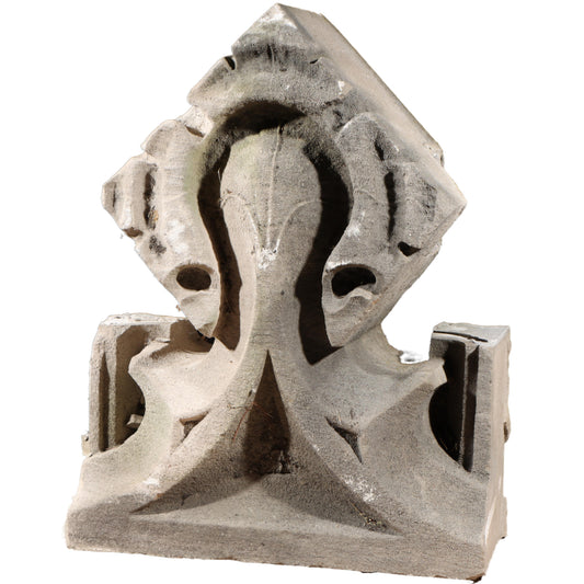 Gothic teardrop arch cornice fragment with scrolling foliate accents; 1920s Harlem, New York, Gothic Style Architectural Limestone Facade Carving 28"H x 21 1/2"W