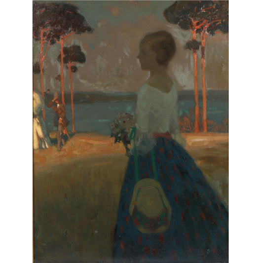 A promenade by the lake; French Impressionist painting of a girl holding a bouquet of flowers and hat, artist ca. late 19th / early 20th Century / dated 1896. 41"H x 30 1/4"W (stretcher), 46"H x 35 1/2"W (frame)