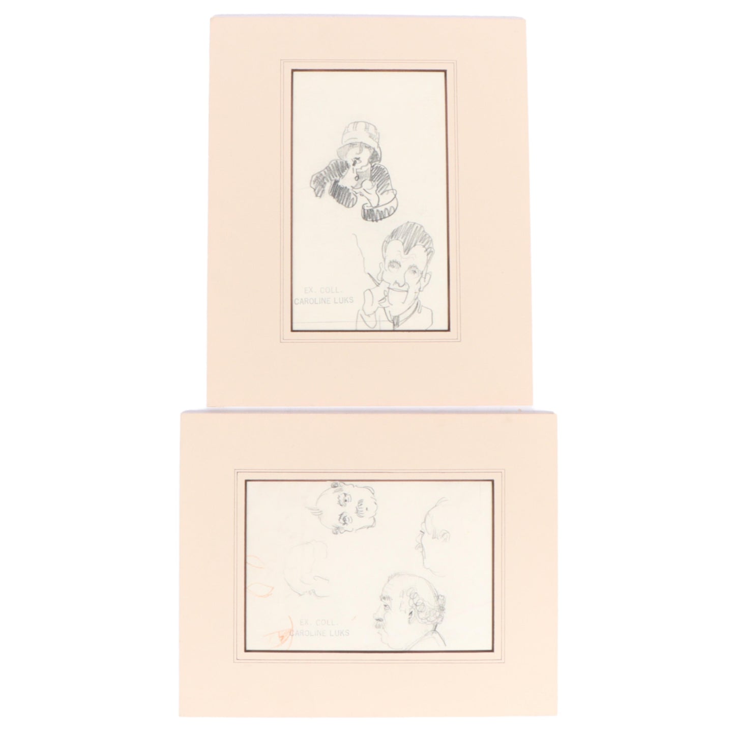 George Benjamin Luks, American (1867-1933), 2 portraiture studies of men and women, graphite on paper, 7 3/4"H x 5"W(paper), 10 1/2"H x 8 3/4"W(mat) - one
