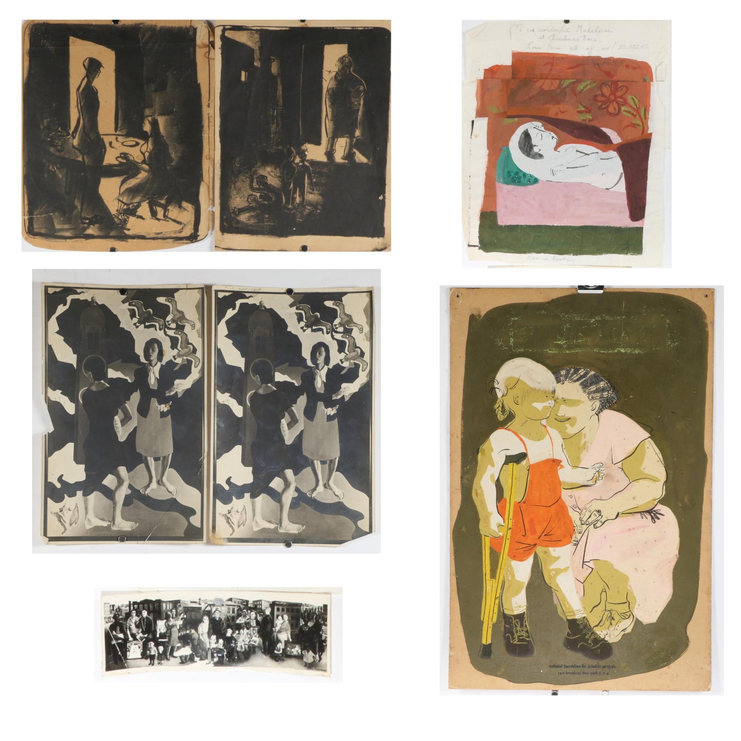 Honore Desmond Sharrer, American (1920 - 2009), Woman Resting / National Foundation for Infantile Paralysis / Workers and Painters / 2 women standing (2) / woman breaking up a fight / family at the table, mixed media on