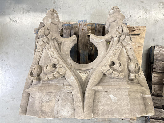 Gothic window arch pop out openwork corbel fragment; 1920s Harlem, New York, Gothic Style Architectural Limestone Facade Carving