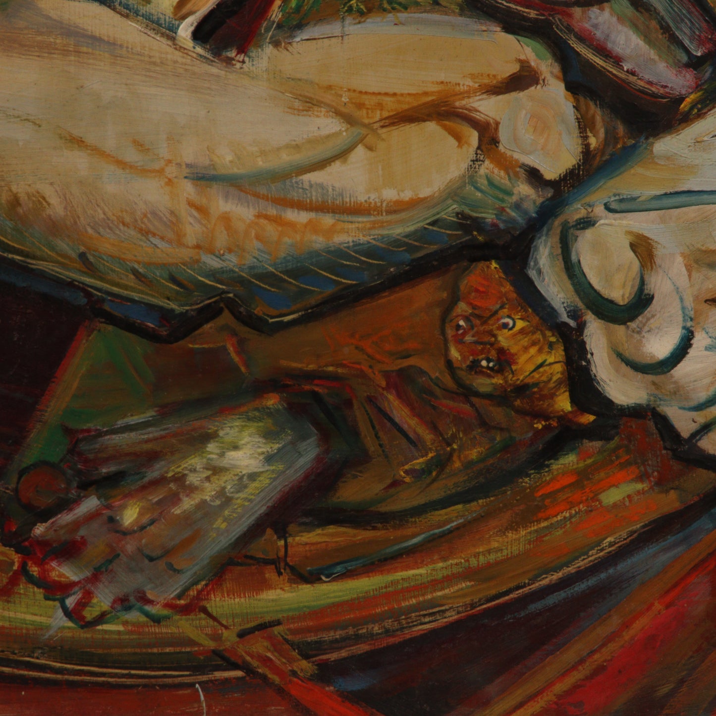 Robert Lohman, Indiana (1919 - 2001), abstract allegorical scene, oil on masonite, 55 3/4"H x 75 1/2"H (frame)
