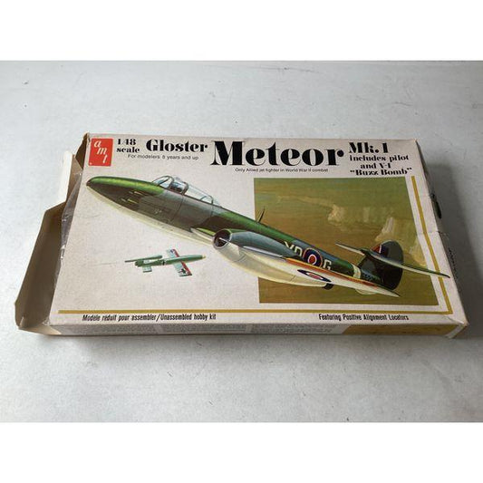 AMT Gloster Meteor Mk. I - 1:48 Scale Model Kit, Includes Pilot and V-1 Buzz Bomb